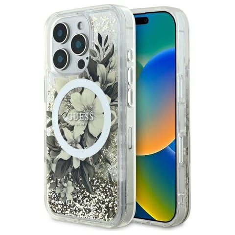 ⁨Guess GUHMP16LLFMWTE iPhone 16 Pro 6.3" beżowy/beige hardcase Liquid Glitter Flower MagSafe⁩ w sklepie Wasserman.eu