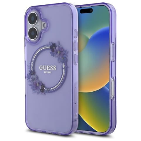 ⁨Guess GUHMP16SHFWFCU iPhone 16 6.1" fioletowy/purple hardcase IML Flowers Wreath MagSafe⁩ w sklepie Wasserman.eu