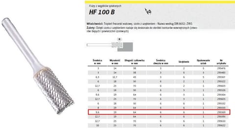 ⁨K.SINTERED CARBON CUTTER.HF 100 B /9,6mm/569 CYLINDER FI=9,6x19mm, shank 6mm, ZYAS TYPE⁩ at Wasserman.eu