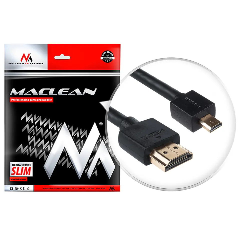 ⁨Przewód  Maclean, HDMI-microHDMI, SLIM, v1.4, A-D, 1m, MCTV-721⁩ w sklepie Wasserman.eu