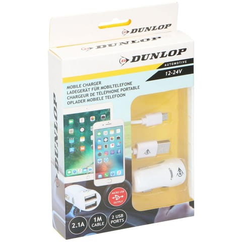 ⁨ŁADOWARKA SMOCHODOWA 2 USB i KABEL MICRO USB 2,1A DUNLOP⁩ w sklepie Wasserman.eu