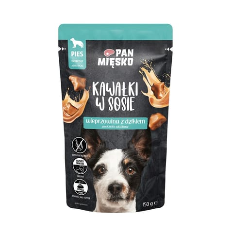 ⁨PAN MIĘSKO Pieces in sauce Pork with wild boar - wet dog food - 150g⁩ at Wasserman.eu