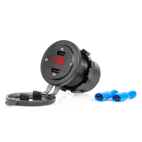 ⁨Ładowarka samochodowa z gniazdami usb i testerem napięcia wodoodporna 2x usb-c 12v 24v amio-04225⁩ w sklepie Wasserman.eu