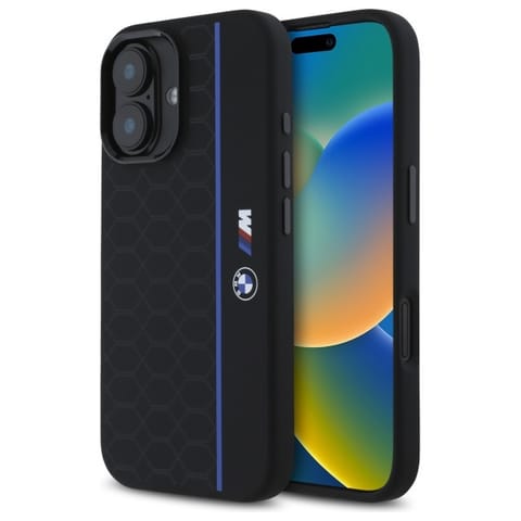 ⁨BMW BMHMP16S23SHEB iPhone 16 6.1"         czarny/black hardcase Silicone Hexagon Blue Line MagSafe⁩ w sklepie Wasserman.eu