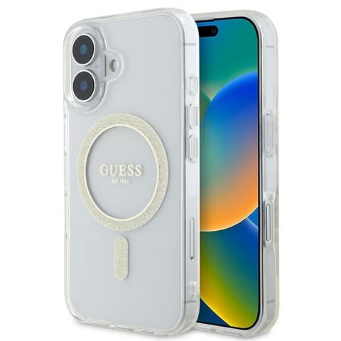 ⁨Guess GUHMP16SHFGERET iPhone 16 6.1" przeźroczysty/transparent hardcase IML Glitter Circle MagSafe⁩ w sklepie Wasserman.eu