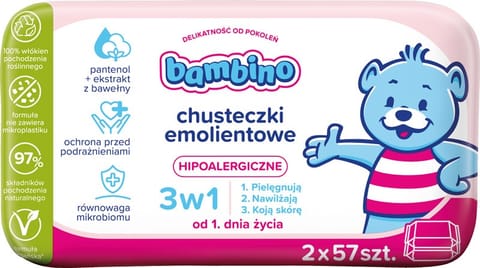 ⁨NIVEA Bambino Chusteczki emolientowe 3w1 hipoalergiczne 2 x 57 szt⁩ w sklepie Wasserman.eu