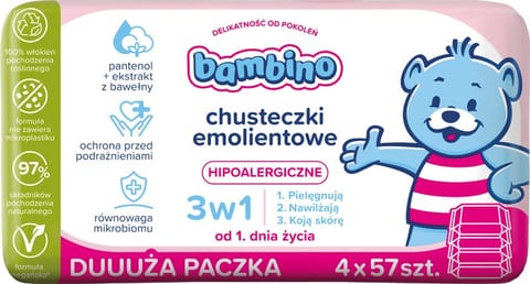 ⁨NIVEA Bambino Chusteczki emolientowe 3w1 hipoalergiczne 4 x 57 szt⁩ w sklepie Wasserman.eu