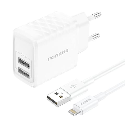 ⁨Ładowarka sieciowa Foneng EU53 20W 2xUSB-A,  2,4A (Biała) + kabel USB-A doLightning⁩ w sklepie Wasserman.eu