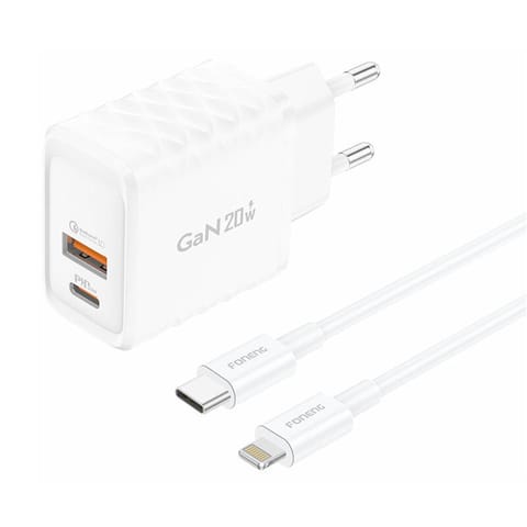 ⁨Ładowarka sieciowa Foneng EU56 1xUSB-A, 1xUSB-C, 20W (Biała) + kabel USB-A do Lightning⁩ w sklepie Wasserman.eu