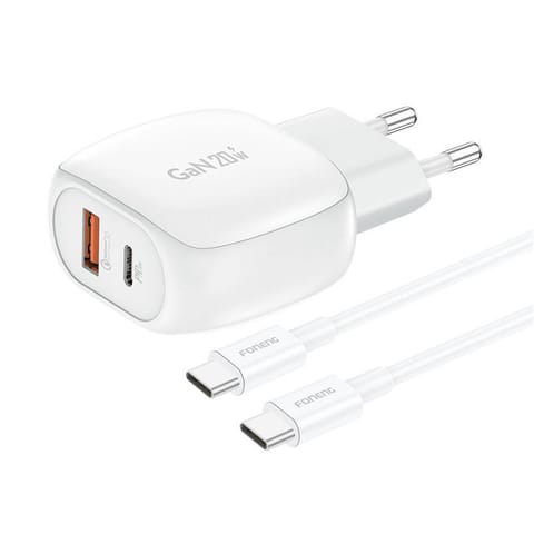 ⁨Ładowarka sieciowa Foneng EU41 USB-C+USB-A 20W + kabel USB-C-USB-C (biała)⁩ w sklepie Wasserman.eu