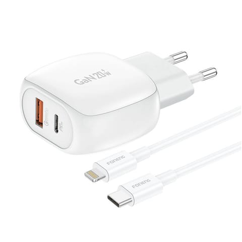 ⁨Ładowarka sieciowa Foneng EU41 USB-C+USB-A 20W + kabel USB-C - Lightning (biała)⁩ w sklepie Wasserman.eu