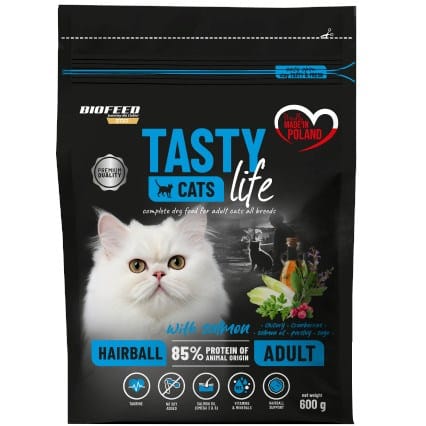 ⁨BIOFEED Tasty Cats Life Hairball Salmon - dry cat food - 600g⁩ at Wasserman.eu