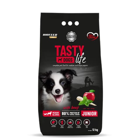 ⁨BIOFEED TASTY DOGS LIFE JUNIOR M&L WITH BEEF 12KG⁩ w sklepie Wasserman.eu
