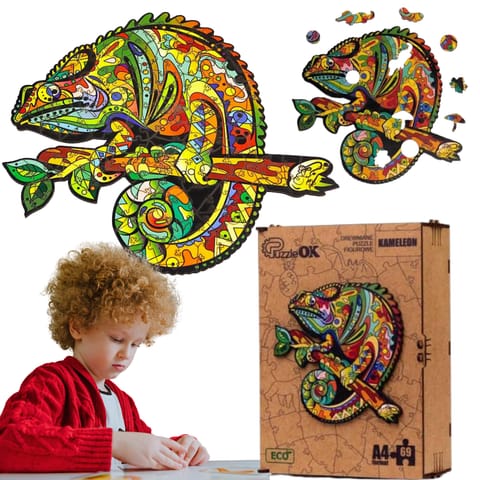 ⁨PUZZLE DREWNIANE UKŁADANKA KAMELEON KOLOROWY ZESTAW PUZZLI A4 OZDOBA⁩ w sklepie Wasserman.eu