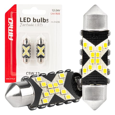 ⁨Żarówki led canbus festoon c5w 12smd 2016 36mm white 12v 24v amio-04236⁩ w sklepie Wasserman.eu