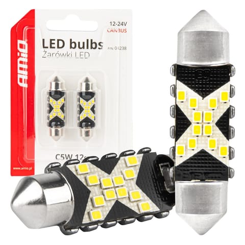 ⁨Żarówki led canbus festoon c5w 12smd 2016 41mm white 12v 24v amio-04238⁩ w sklepie Wasserman.eu