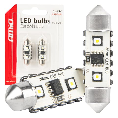 ⁨Żarówki led canbus festoon c5w 2smd 3838 36mm white 12v 24v amio-04248⁩ w sklepie Wasserman.eu