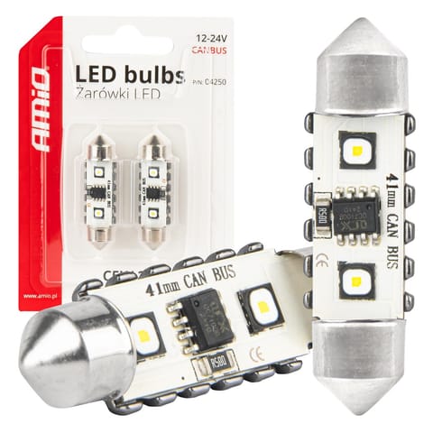 ⁨Żarówki led canbus festoon c5w 2smd 3838 41mm white 12v 24v amio-04250⁩ w sklepie Wasserman.eu