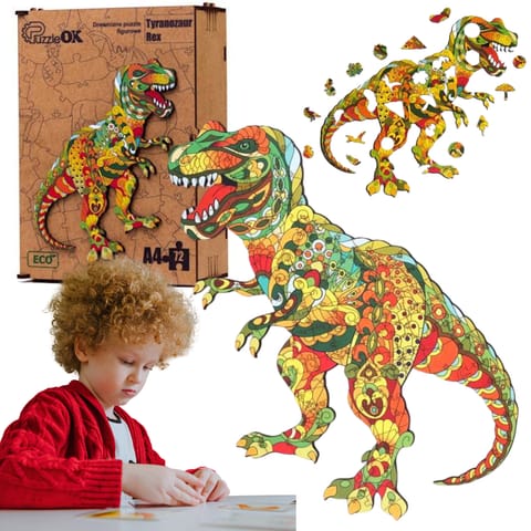 ⁨PUZZLE DREWNIANE UKŁADANKA TYRANOZAUR DINOZAUR ZESTAW PUZZLI A4 OZDOBA⁩ w sklepie Wasserman.eu