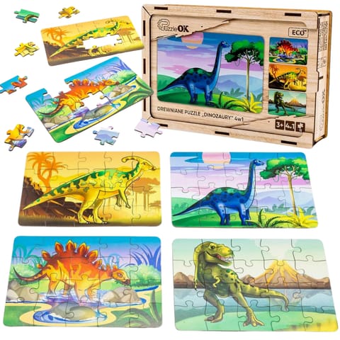 ⁨Drewniane Puzzle 4w1 Dinozaury Układanka Zestaw Prehistoria Zabawka⁩ w sklepie Wasserman.eu