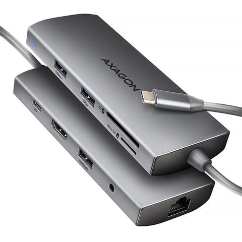 ⁨AXAGON HMC-8HLSA USB-C 3.2 Gen 1 Multiport Hub, 3x USB-A + 4K/60Hz HDMI + SD/microSD, Gigabit LAN, Audio, PD 100W - Silver⁩ at Wasserman.eu