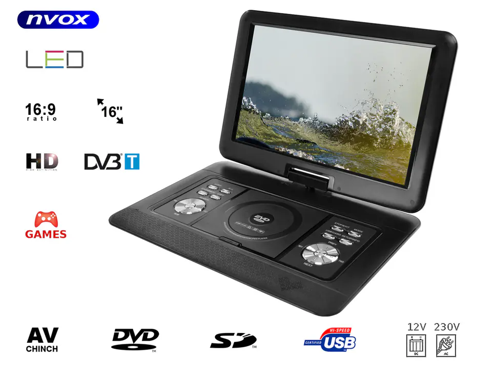 ⁨Przenośny odtwarzacz dvd z tunerem telewizyjnym lcd 16cali cali dvb-t mpeg-4/2 dvd usb sd gry 12v 230v⁩ w sklepie Wasserman.eu