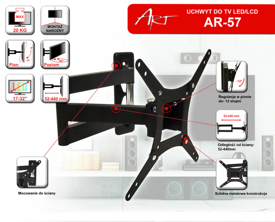 UCHWYT DO TV LCD/LED 17-32" 20KG AR-57 ART reg.pion/poziom w sklepie Wasserman.eu