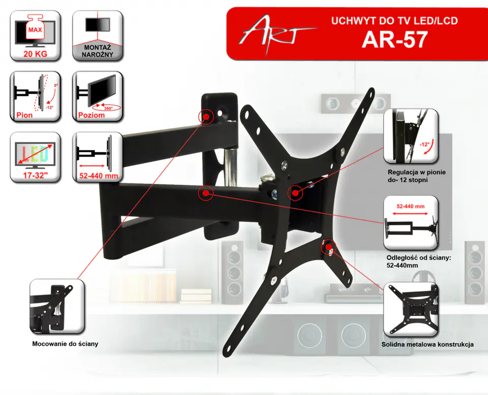 ⁨MOUNT FOR LCD/LED TV 17-32" 20KG AR-57 ART reg.vertical/horizontal⁩ at Wasserman.eu