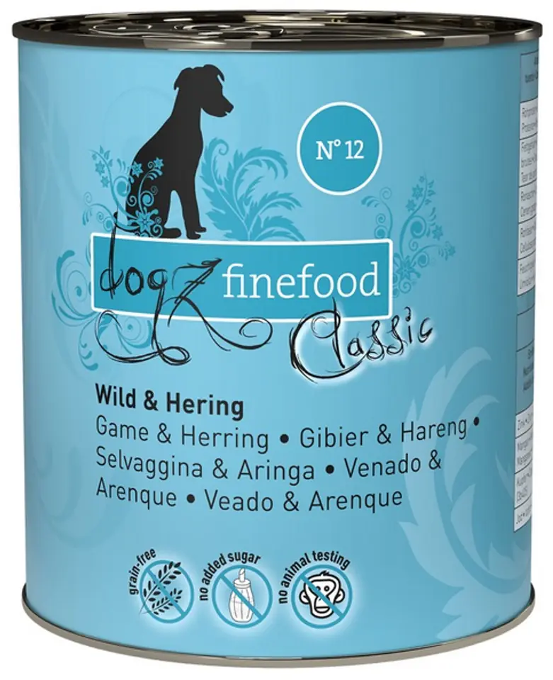 ⁨Dogz Finefood Classic N.12 Dziczyzna i śledź puszka 800g⁩ w sklepie Wasserman.eu