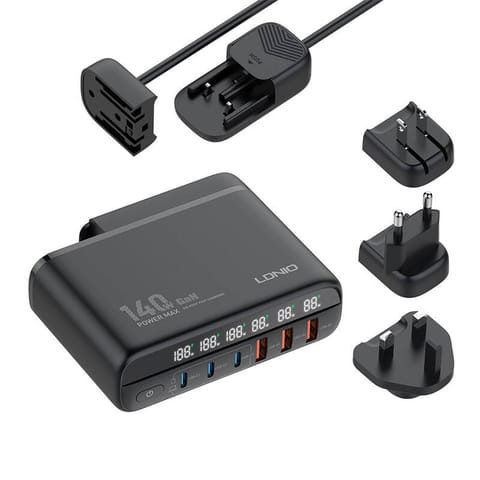 ⁨Ładowarka sieciowa z wyświetlaczem 140W LDNIO A6140C 3x USB-A + 3x USB-C, US/UK/EU (czarna)⁩ w sklepie Wasserman.eu