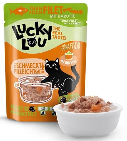⁨Lucky Lou Extrafood Tuńczyk i marchewka w bulionie saszetka 70g⁩ w sklepie Wasserman.eu