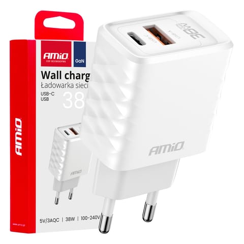 ⁨Ładowarka sieciowa quick charge gan 38w usb-a + usb-c amio-04287⁩ w sklepie Wasserman.eu