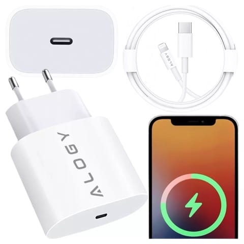 ⁨Ładowarka sieciowa Alogy szybka USB-C PD 20W + Kabel 1m przewód Lightning do iPhone Biały⁩ w sklepie Wasserman.eu