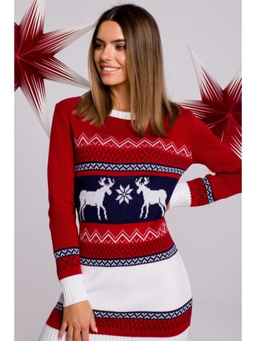 ⁨MXS03 Sweater dress with two reindeer - red (Red color, one size one-size)⁩ at Wasserman.eu