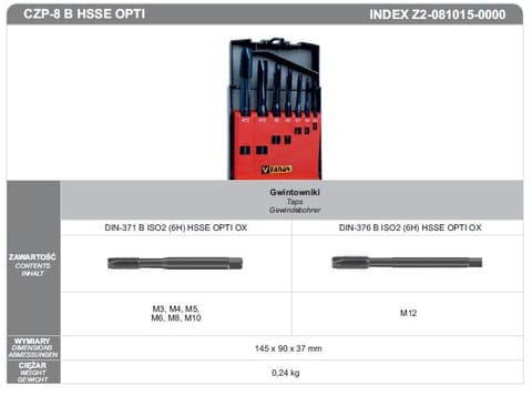 ⁨FANAR ZESTAW GWINTOWNIKÓW MSZYNOWYCH M3-M12 CZP-8 B HSSE OPTI M3-M12⁩ w sklepie Wasserman.eu