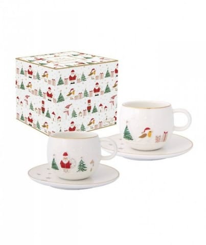 ⁨Magia Świąt Mikołaj i Ptaszek Filiżanki Porcelanowe ze Spodkiem w Ozdobnym Pudełku 120 ml⁩ w sklepie Wasserman.eu