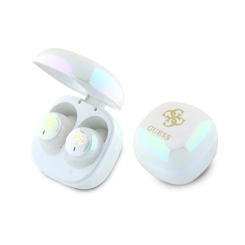 ⁨Guess słuchawki Bluetooth GUTWSJ144ESH    TWS + stacja dokująca biały/white Iridescent 4G Printed Logo⁩ w sklepie Wasserman.eu