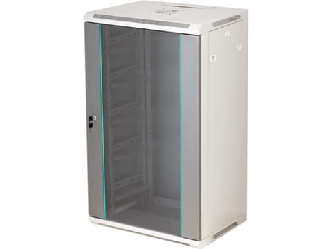 Szafa wisząca 19" 18U 600x600, niedzielona, drzwi szklane jednoskrzydłowe, tył osłona pełna, osłony boczne zamykane na klucz, kolor szary FLAT PACK, Q-LANTEC w sklepie Wasserman.eu