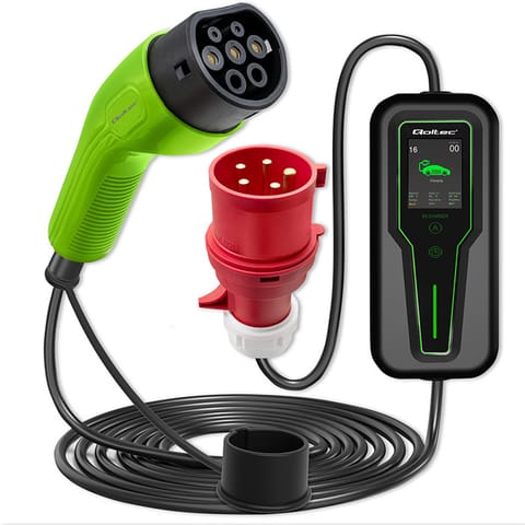 ⁨Qoltec Mobilna ładowarka do samochodu elektrycznego EV z regulacją 2w1 Typ2 | 7kW | 230V | LCD | Przenośna | Wallbox | 5m⁩ w sklepie Wasserman.eu