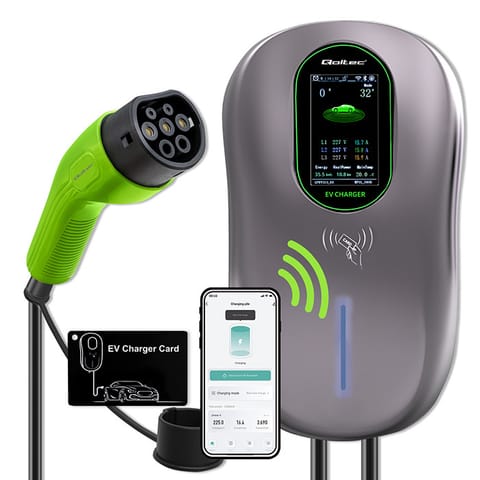 ⁨Qoltec Stacja ładowania EV  2w1 Typ2 | 22kW | Wi-fi| TUYA | LCD | RFID | 3 fazy | Wallbox | 5m⁩ w sklepie Wasserman.eu