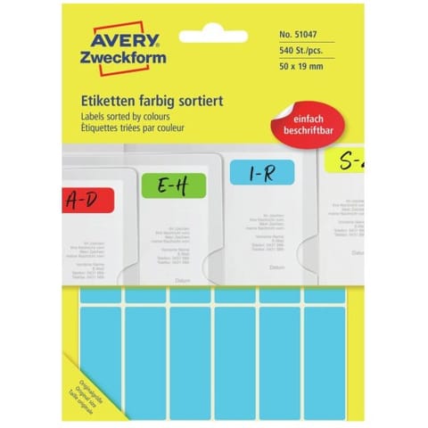 ⁨Etykieta w 5 kolorach 50x19mm (30 arkuszy = 540 etykiet) do opisu ręcznego 51047 AVERY ZWECKFORM⁩ w sklepie Wasserman.eu