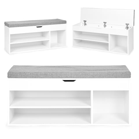 ⁨Szafka na buty z szarą poduszką i otwieranym siedziskiem 3 półki biała ModernHome⁩ w sklepie Wasserman.eu