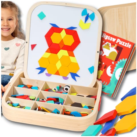 ⁨DREWNIANA SKRZYNKA Z MAGNETYCZNĄ MOZAIKĄ MONTESSORI KREATYWNA ZABAWA DLA DZIECI⁩ w sklepie Wasserman.eu