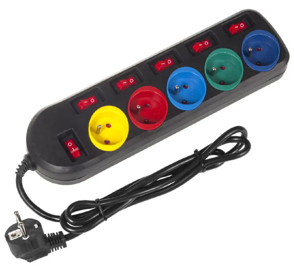 ⁨Przedłużacz, listwa 5 gniazd z włącznikami, 1.5m multicolor⁩ w sklepie Wasserman.eu