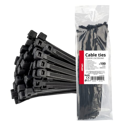 ⁨Taśmy opaski zaciskowe kablowe czarne 4,8x300mm - 100 szt. amio-02156⁩ w sklepie Wasserman.eu