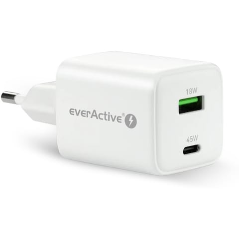 ⁨Ładowarka sieciowa 230V EVERACTIVE SC-450Q 1xUSB-A + 1xUSB-C 45W biała⁩ w sklepie Wasserman.eu