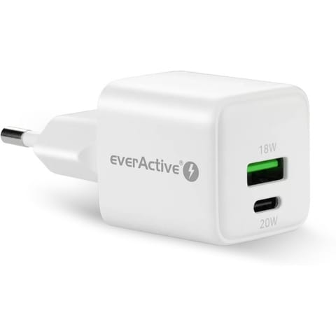 ⁨Ładowarka sieciowa 230V EVERACTIVE SC-330Q 1xUSB-A + 1xUSB-C 20W biała⁩ w sklepie Wasserman.eu