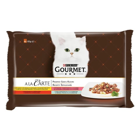 ⁨GOURMET A la Carte Kurczak, Pstrąg, Wołowina, Rdzawiec - mokra karma dla kota - 4 x 85 g⁩ w sklepie Wasserman.eu