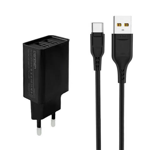 ⁨Ładowarka sieciowa DENMEN 2xUSB 2.1A + kabel USB-C czarna⁩ w sklepie Wasserman.eu