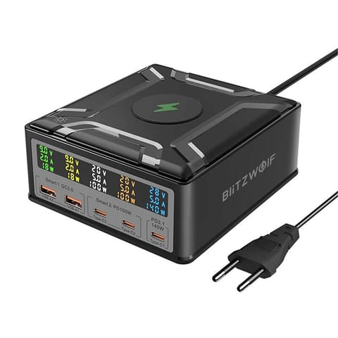 ⁨Ładowarka sieciowa Blitzwolf BW-S28 260W, 2xUSB-A, 3xUSB-C, 15W ładowarka bezprzewodowa (czarna)⁩ w sklepie Wasserman.eu